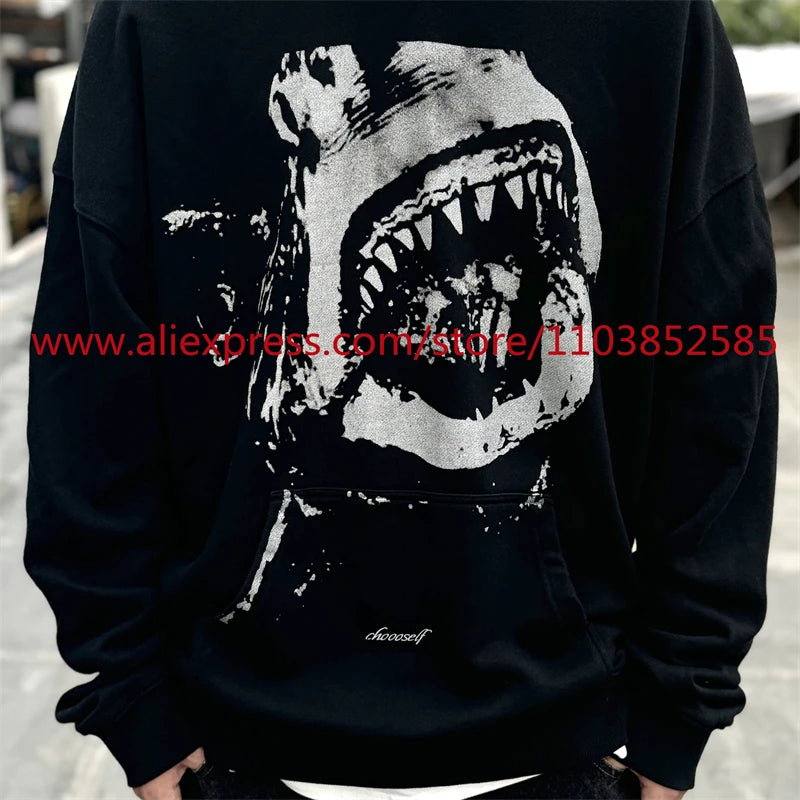 Autumn and Winter New Vintage Men's Hoodie Long Sleeve Hoodie American Heavy Weight Oversize High Street Jaws Cartoon Print Tops Street King Limited