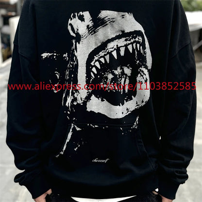 Autumn and Winter New Vintage Men's Hoodie Long Sleeve Hoodie American Heavy Weight Oversize High Street Jaws Cartoon Print Tops Street King Limited