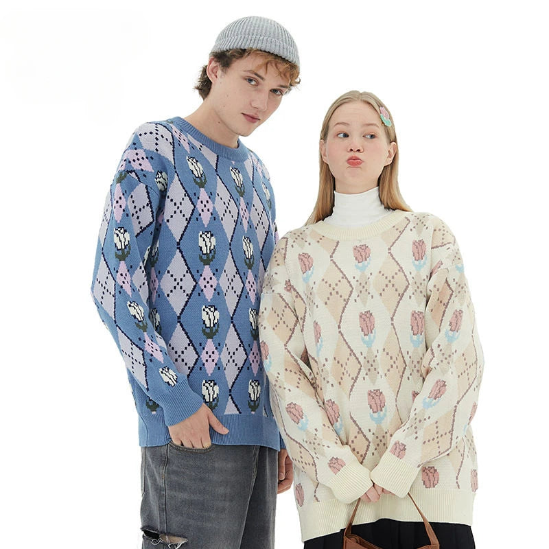 Japanese trend ins retro literary simple sweater winter versatile casual couple Y2K men and women loose round neck sweater tops Street King Limited