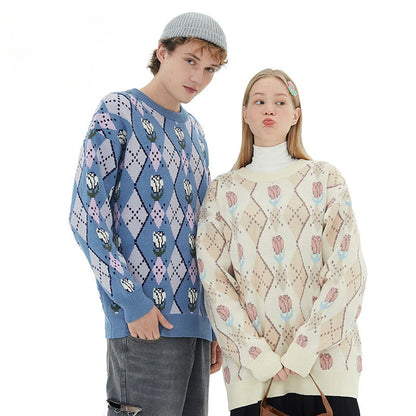 Japanese trend ins retro literary simple sweater winter versatile casual couple Y2K men and women loose round neck sweater tops Street King Limited