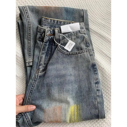 american retro personalized trend color gradient jeans for men and women new washed straight leg micro flared casual pants y2k ripped baggy denim