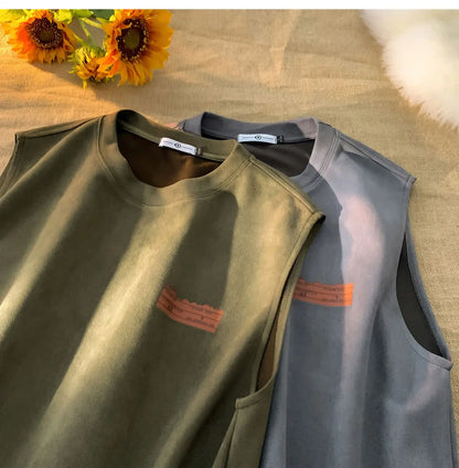 American sleeveless t-shirt vest men's trendy summer outer wear heavy suede ins loose waistcoat top men clothing mens t shirts Street King Limited