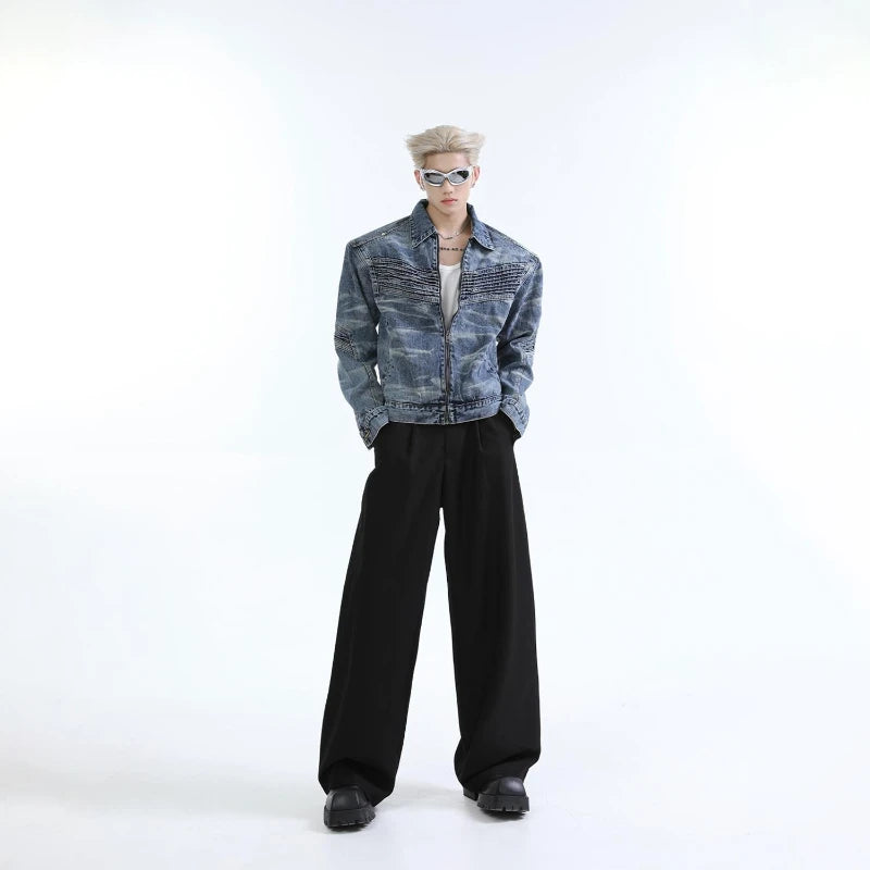 vintage washed mens denim jacket heavy weight high street contour pleat design cowboy coats short motorcycle hip hop outwear unique jeans style 3677