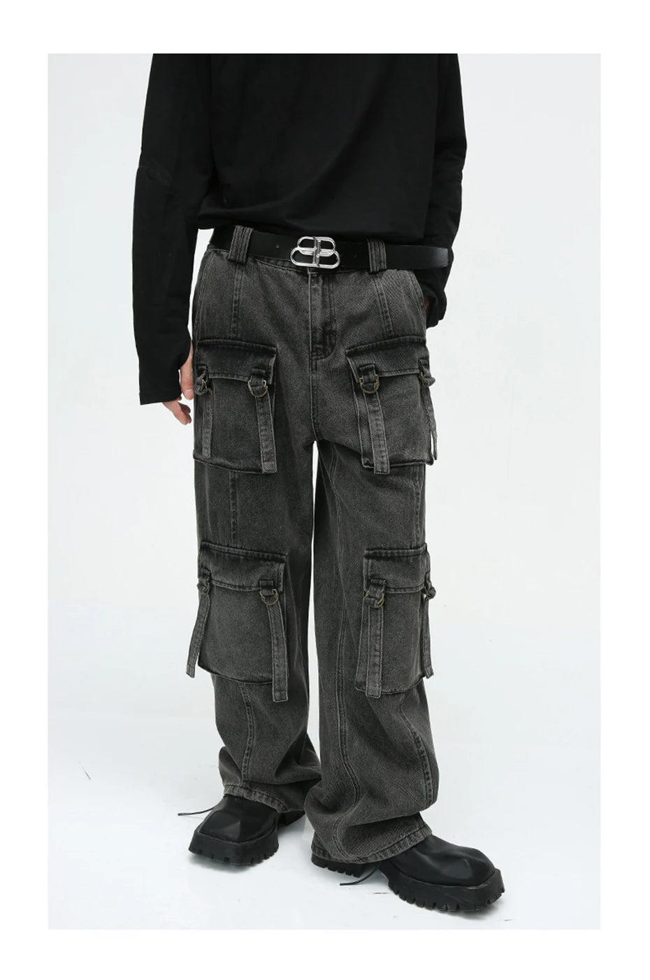 multi pocket cargo jeans men korean fashion loose straight denim pants unique cargo style 509