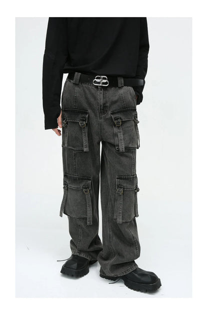 multi pocket cargo jeans men korean fashion loose straight denim pants unique cargo style 509