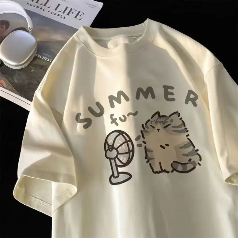 American Street Creative Blow Fan Cat Pure Cotton T-shirt for Men and Women Summer Relaxed Short Sleeve Couple Wear INS Top Street King Limited