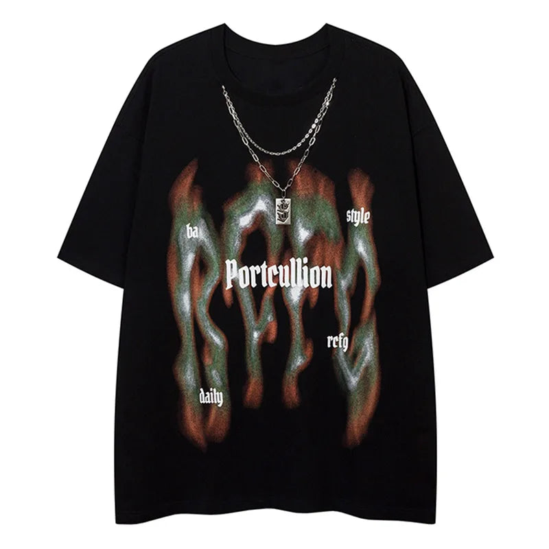 Men Short Sleeve T Shirts Graffiti Contrast Letter Print with Necklace Tshirt Street Hip Hop Oversize Loose Tee Tops Unisex Street King Limited