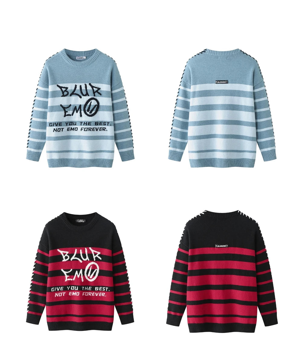 Men Striped Sweater Letter Graphic Loose Knitwear Jumper Pullover Sweaters Harajuku Hip Hop Streetwear Knitted Sweater Street King Limited