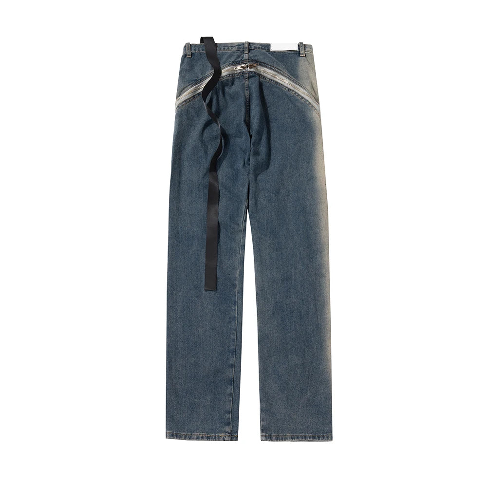 Ro Style Gradient Blue Horn Stacked Floor Dragging Jeans Unisex Streetwear Baggy Y2K Ribbons Zipper Denim Trousers Oversized Street King Limited