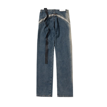 Ro Style Gradient Blue Horn Stacked Floor Dragging Jeans Unisex Streetwear Baggy Y2K Ribbons Zipper Denim Trousers Oversized Street King Limited