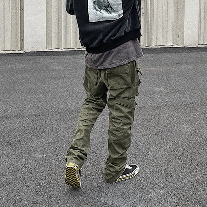 Harajuku Multi-pockets Straight Flare Pants Mens High Street Elastic Waist Solid Loose Casual Cargo Pants Hip Hop Baggy Trousers Street King Limited
