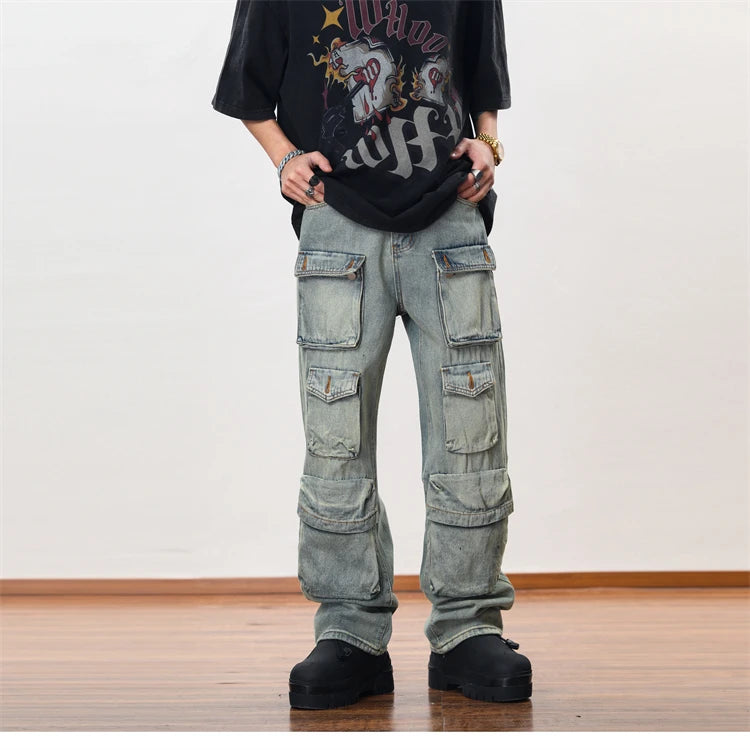 hip hop cargo denim pants streetwear plain denim pants mens harajuku cotton casual joggers jeans loose straight pants trousers unique joggers style 2845