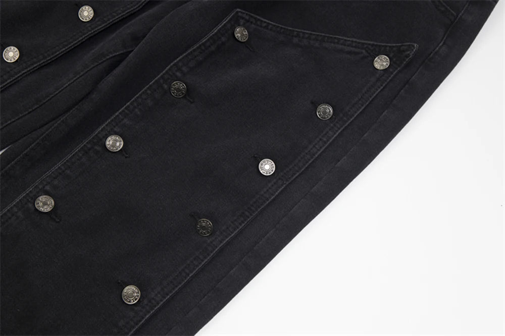 detachable button black washed baggy jeans for men straight harajuku ropa hombre loose denim trousers oversized cargo pants unique cargo style 4639