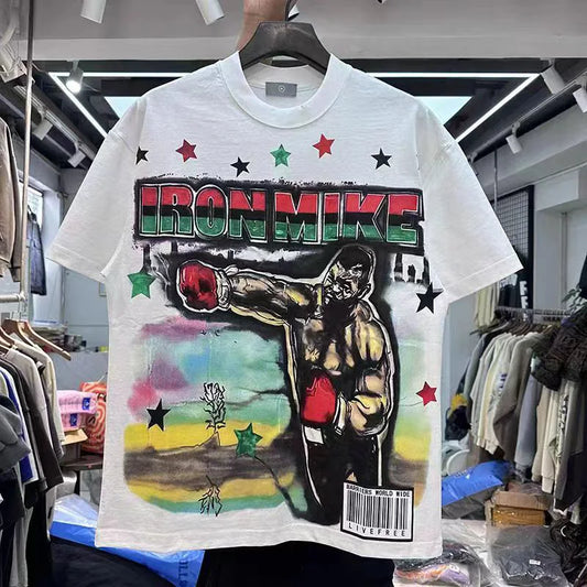 Summer New Chaopai Boxer Letter Print T-shirt Men Woman 1:1 Best Quality Loose Versatile Vintage O-Neck Tops Tee Street King Limited
