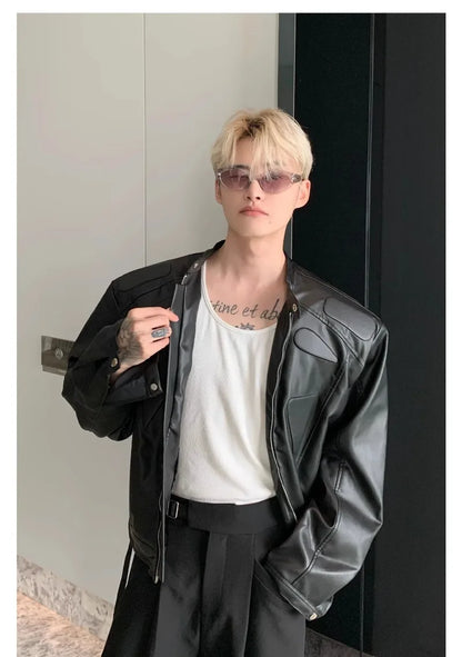high street motorcycle pu leather jacket men hip hop trend shoulder padded coat street fashion stand collar zipper short outwear unique shorts style 1957