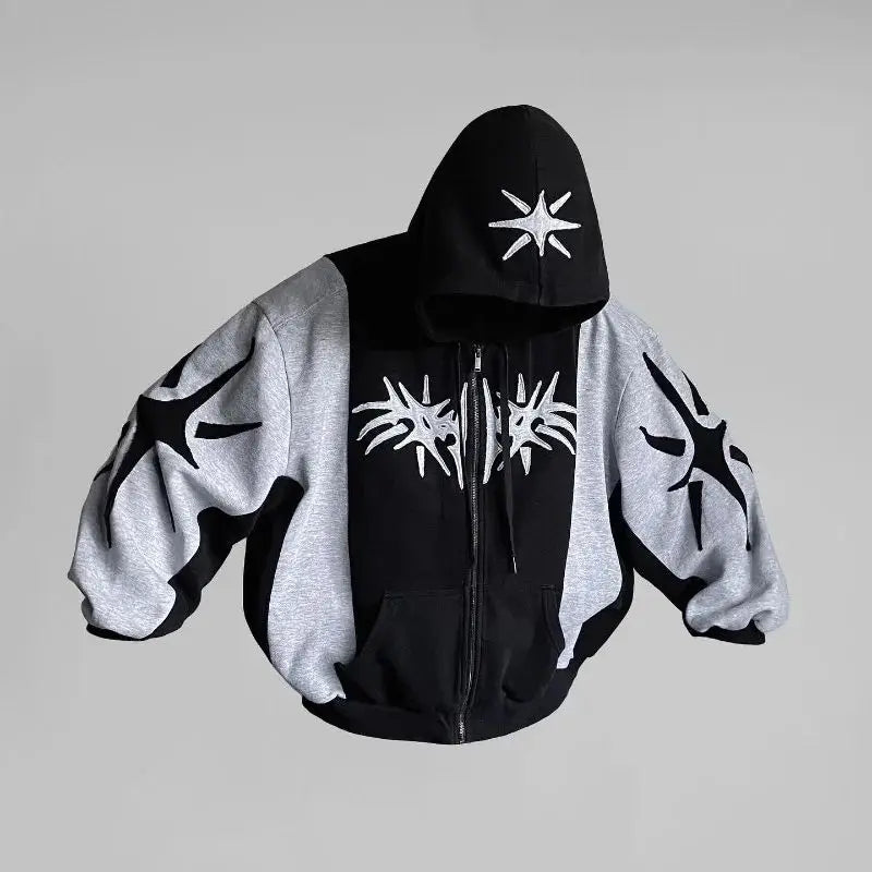 Y2k Patch Design Loose Zip Hoodies for men Geometric Pattern Splicing Sweatshirt Gothic Streetwear Oversized Casual Men Clothing Street King Limited