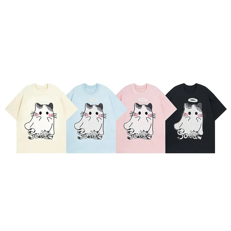 Men T Shirts Cartoon Cat Embroidered Short Sleeve Tshirt Japanese Preppy Style Loose Couple Tee Tops 4 Colors Optional Street King Limited