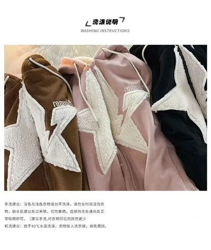 Star Hoodie American Style Retro Jackets Five Pointed Plush Thickened Lamb Wool Coat Women Autumn and Winter Loose Lazy Style Street King Limited