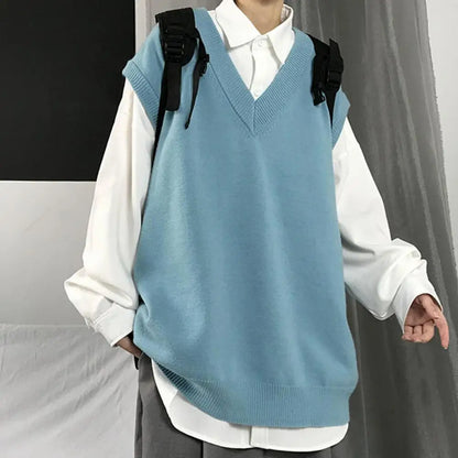 Men Sweater Vest V Neck Solid Color Sleeveless All Match Spring Sweater for School Male Pullovers Men's Clothing Streetwear Street King Limited