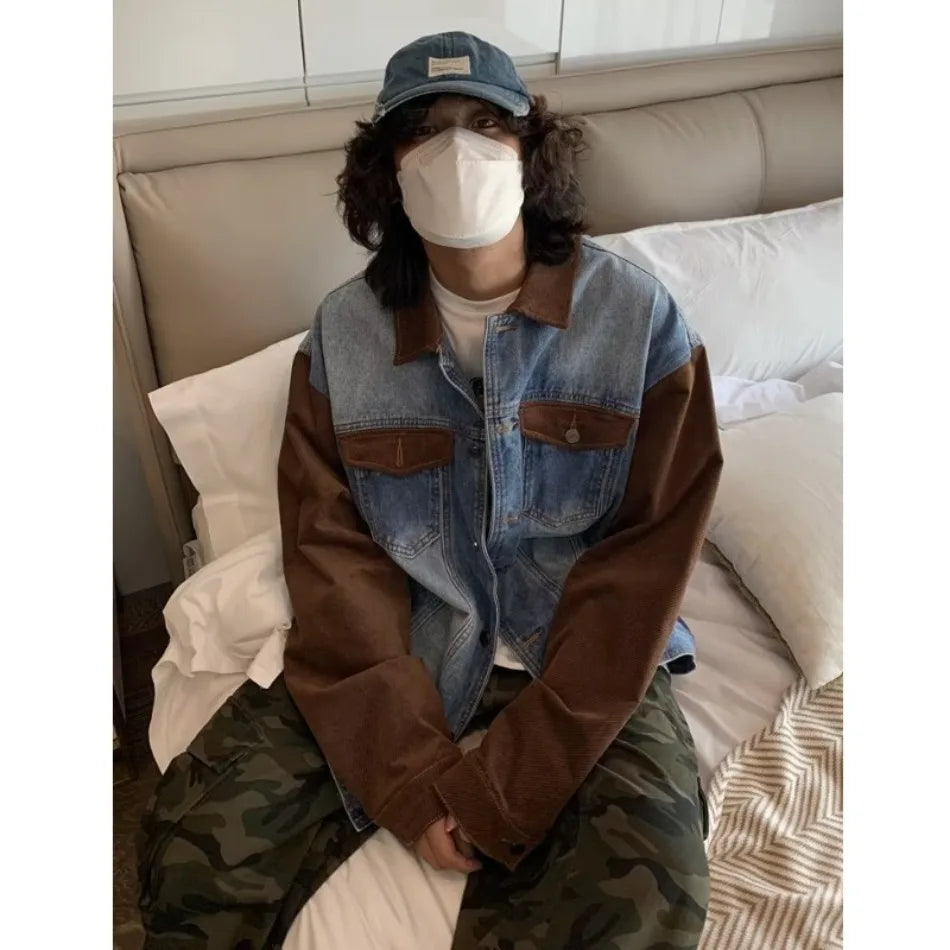 mens patchwork denim jacket spring trend korean retro college lapel color blocked couple coats 2024 high street cowboy cardigan unique jeans style 3374