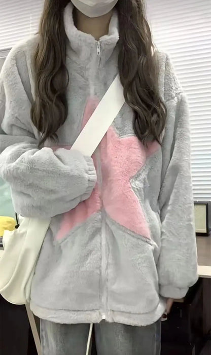 High Quality Plush Coat Pink Stars Zip Sweater Autumn Winter Jacket Women Warm Casual Slouchy Style Y2k Top Korean Fashion Coats Street King Limited
