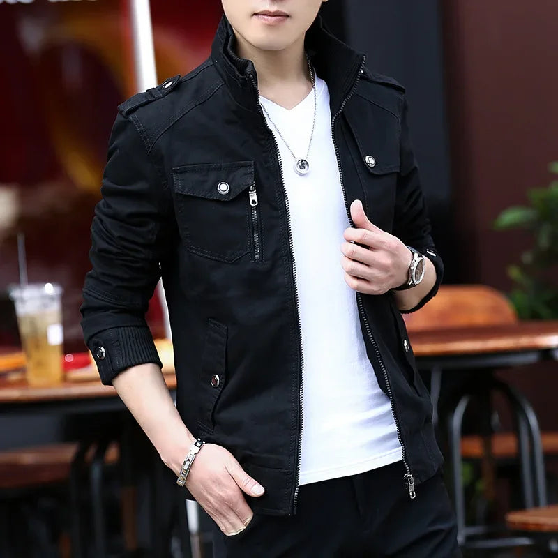 2024 spring autumn new mens jacket korean fashion stand up collar thick denim cargo pants pure cotton coat top clothes unique cargo style 4590