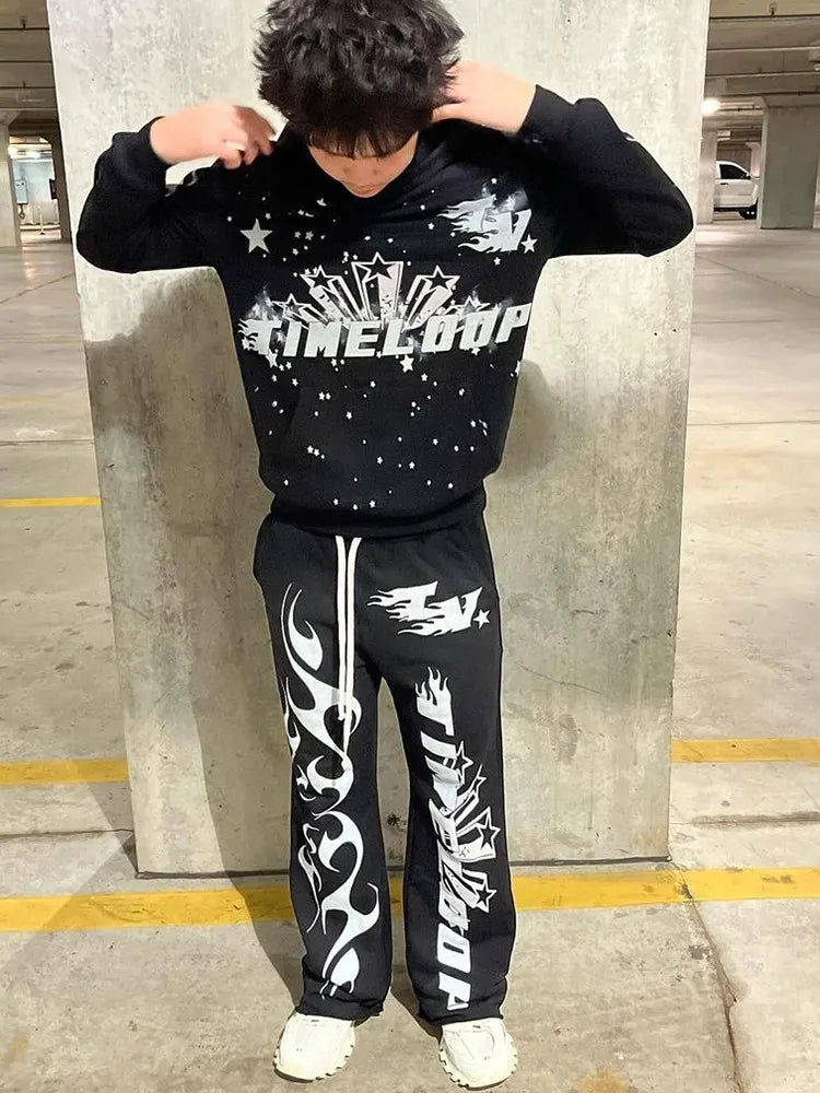Y2K women's clothing hoodies set Sweater long sleeved pullover top vintage oversize streetwear Gothic dark print pattern 2024 Street King Limited