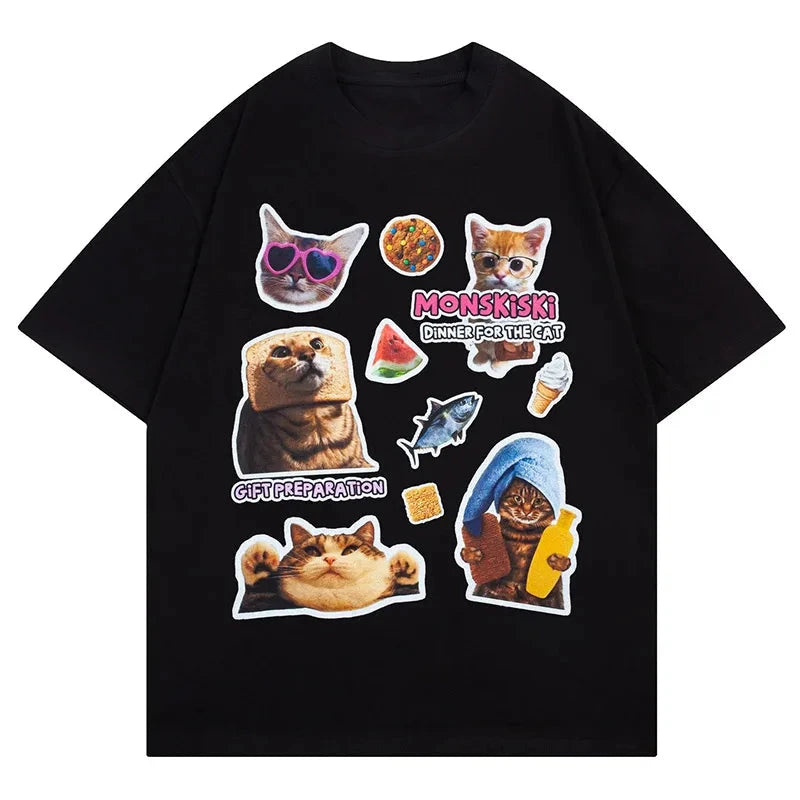 Men Cotton T Shirt Fun Cartoon Cat Printed Tees Retro American Oversize Loose Couple Short Sleeve Tshirt Tops 3 Colors Optional Street King Limited