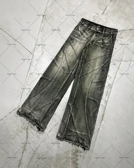 2023 street retro raw edge high waist skinny jeans mens y2k fashion casual loose versatile distressed wide leg jeans womens unique jeans style 1580