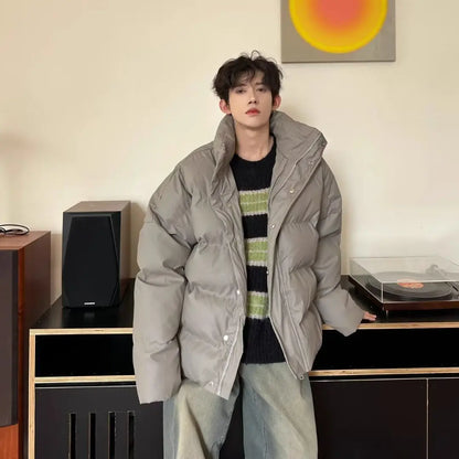 Winter Korean style stand up collar trend PU leather men and women high-end feeling thick cotton jacket couple loose casual top Street King Limited
