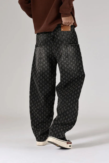 men brand fashion loose casual splice pocket jacquard vintage wide leg baggy jeans cityboy denim baggy jeans pants trousers unique jeans style 2863