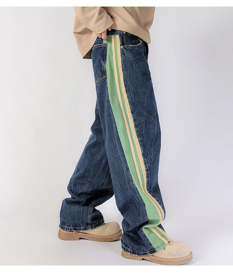 men streetwear fashion side splice hip hop loose casual wide leg straight baggy jeans pant cityboy jeans pants trousers unique jeans style 2498
