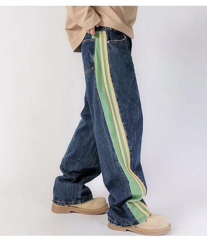 men streetwear fashion side splice hip hop loose casual wide leg straight baggy jeans pant cityboy jeans pants trousers unique jeans style 2498