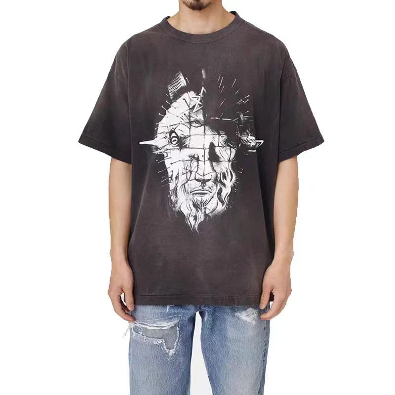 2024ss Sheep Lion Head Printing T Shirt Michael Men Woman Good Quality Vintage Wash Black O-Neck Loose Casual Tops Tee Street King Limited