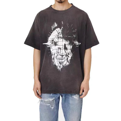 2024ss Sheep Lion Head Printing T Shirt Michael Men Woman Good Quality Vintage Wash Black O-Neck Loose Casual Tops Tee Street King Limited