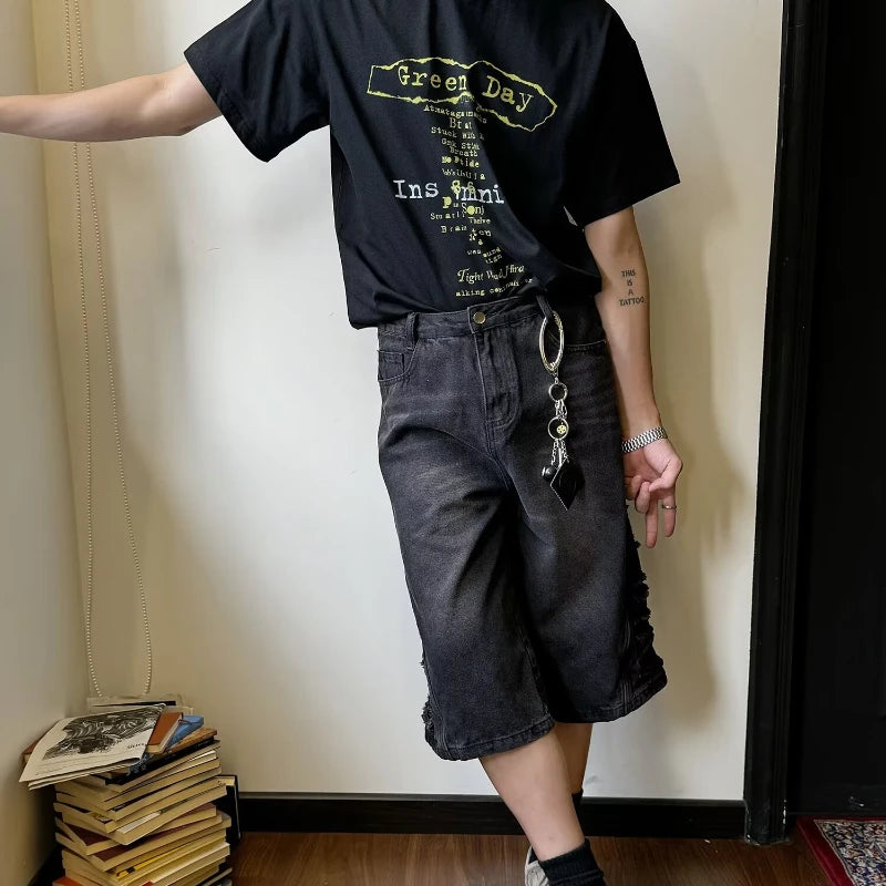 mens hip hop washed denim shorts broken hole folds burr edge street punk cowboy middle pants pockets bomber quarter pants y2k ripped baggy denim