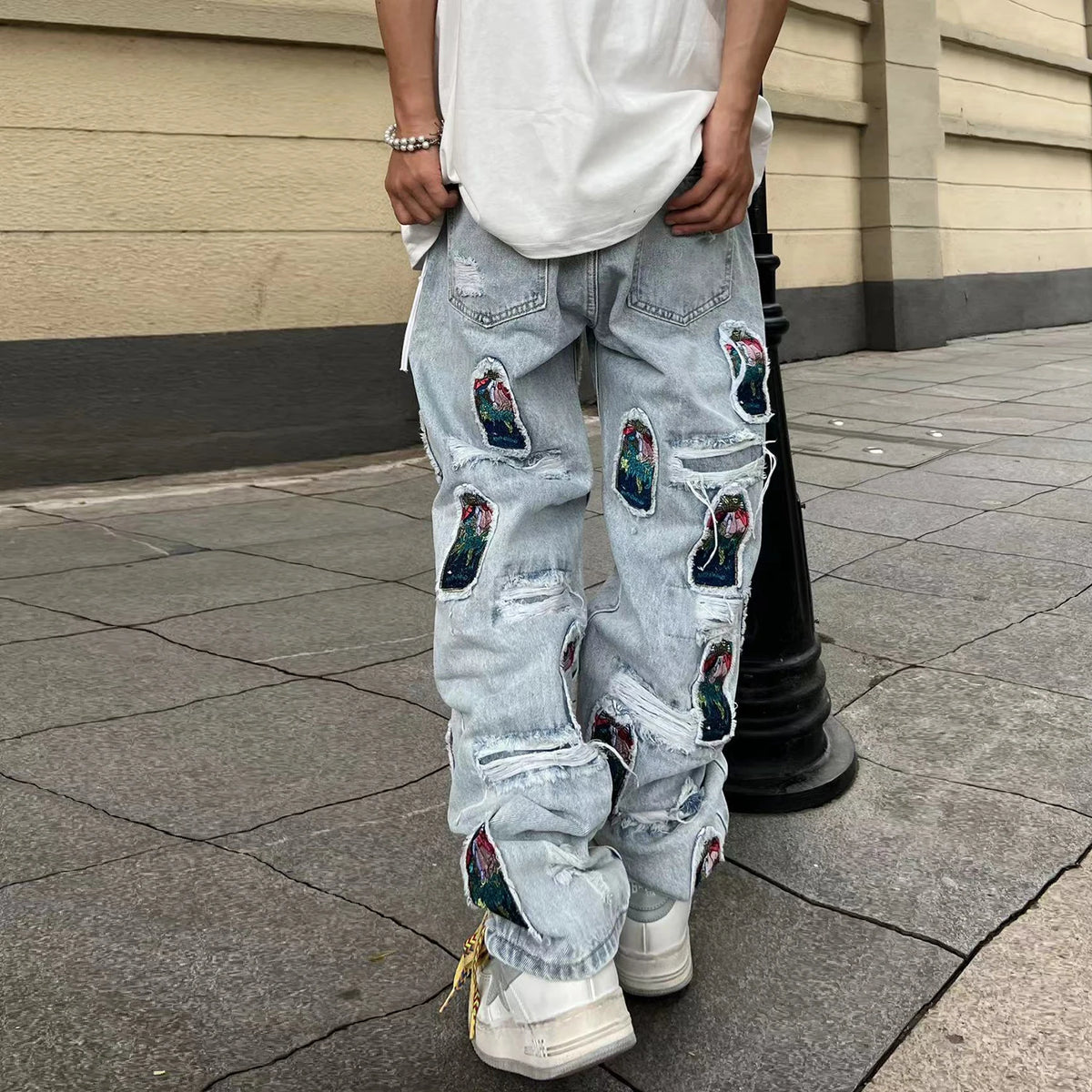 retro patch embroidered pleated jean for men street wear washed destroyed straight patchwork ripped jeans pants baggy hip hop denim street jeans