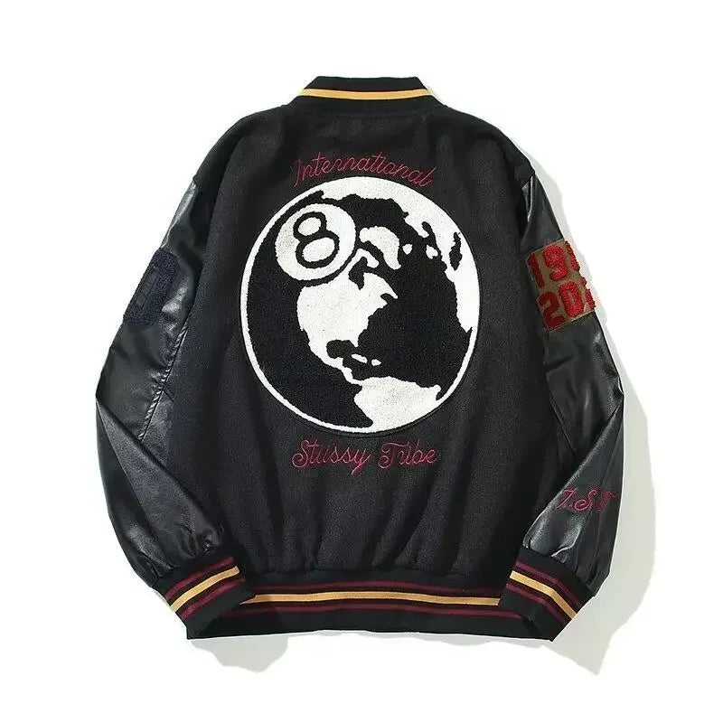 american retro high street embroidered jacket splicing print black eight baseball jacket 2024street wear baseball uniform jacket unique default style 5263