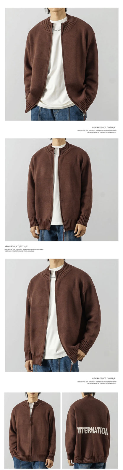 Autumn Solid Solor Zipper Cardigan For Men Letter Printed Crewneck Knitted Sweater Casual Loose Pull Homme Knitwear Jackets Street King Limited