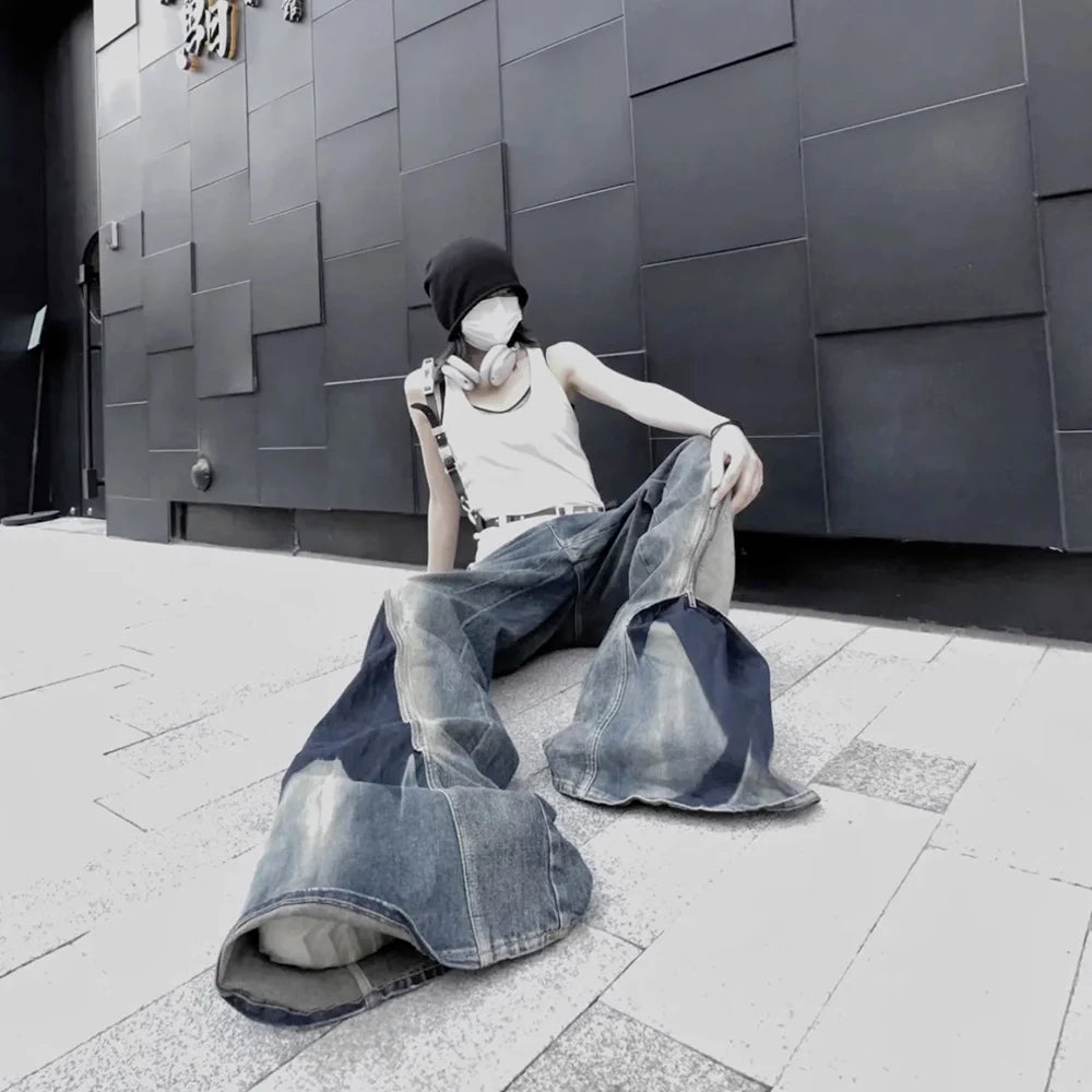 Ro Style Gradient Blue Horn Stacked Floor Dragging Jeans Unisex Streetwear Baggy Y2K Ribbons Zipper Denim Trousers Oversized Street King Limited
