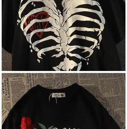 Pure cotton American retro dark skeleton short-sleeved T-shirts for men and women summer ins loose street style couple y2k tops Street King Limited