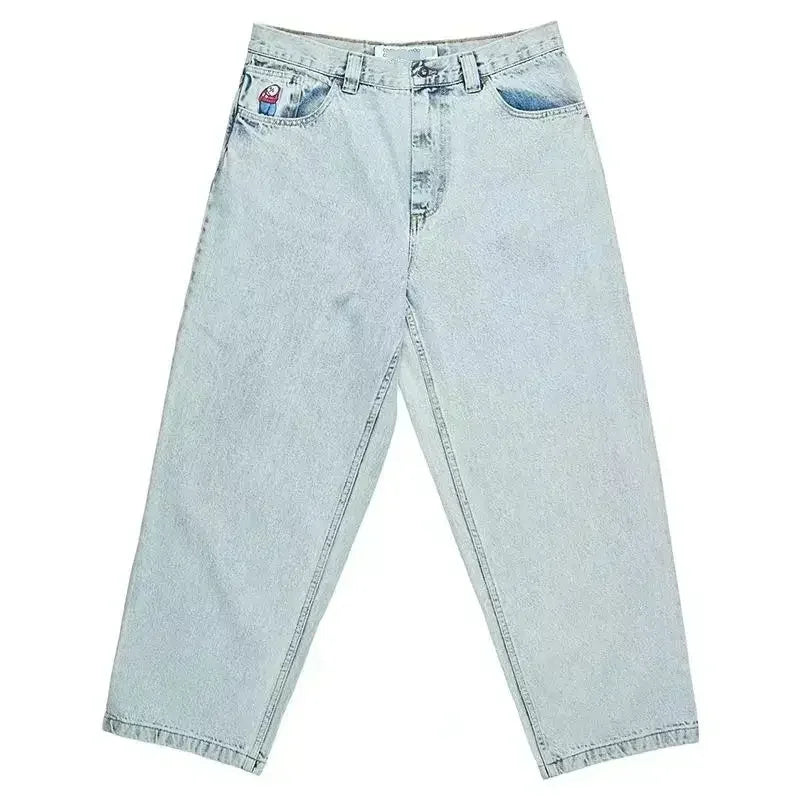 retro blue baggy jeans y2k pants hip hop cartoon streetwear polar big boy jeans embroidery mens womens high waist wide trouser vintage washed jeans