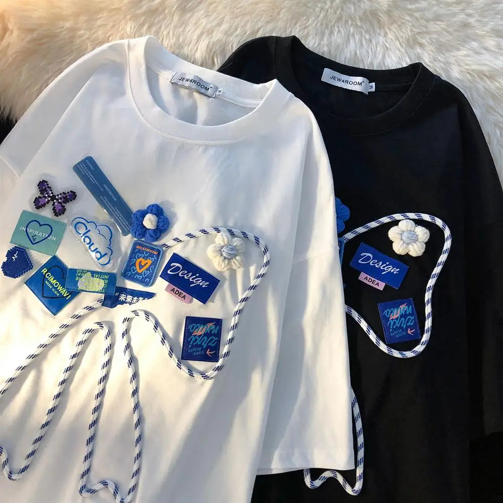Super Chic Appliques Butterfly Bow Creative T Shirts Sweet Girl Kawaii Clothes 2022 Summer Large 2XL Korean Brand Office Ladies Street King Limited