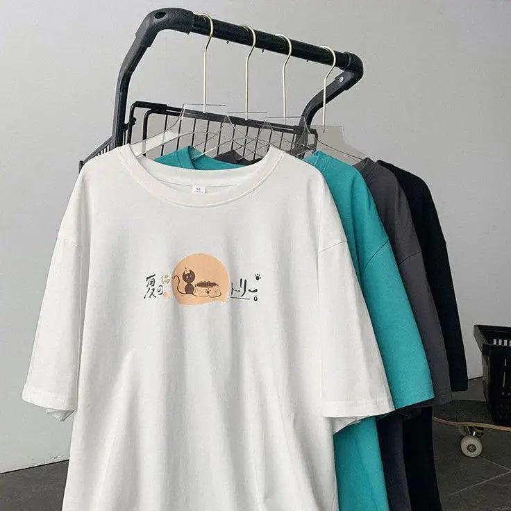 Korean style fun cat print men short-sleeved T-shirt new lazy style y2k simple casual versatile salt loose half-sleeved T-shirt Street King Limited