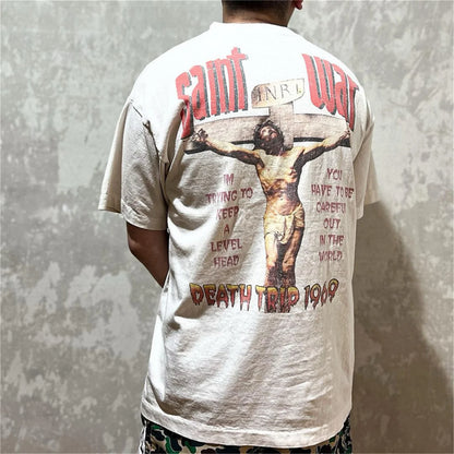 24SS New Vintage Retro Cross Printing Washed Distressed Short Sleeves T-Shirt Tops Street King Limited