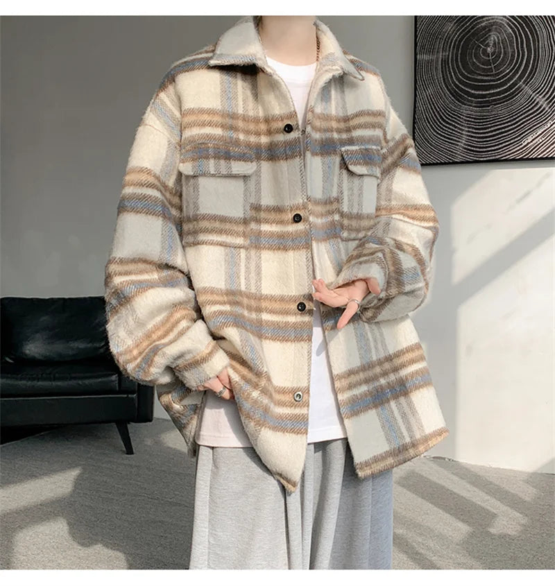 winter y2k vintage striped woolen jackets for men patchwork long sleeve plaid cardigan coats high street cargo shirt jacket unique cargo style 72