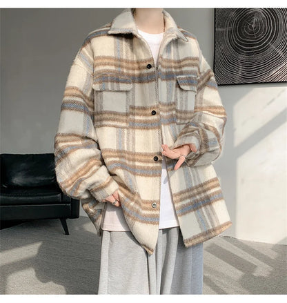 winter y2k vintage striped woolen jackets for men patchwork long sleeve plaid cardigan coats high street cargo shirt jacket unique cargo style 72