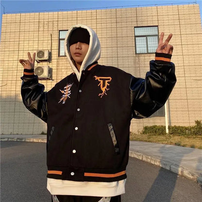 baseball jacket men women patchwork high street retro flocking letter cat coat spring autumn casual loose varsity jackets unisex unique default style 3814
