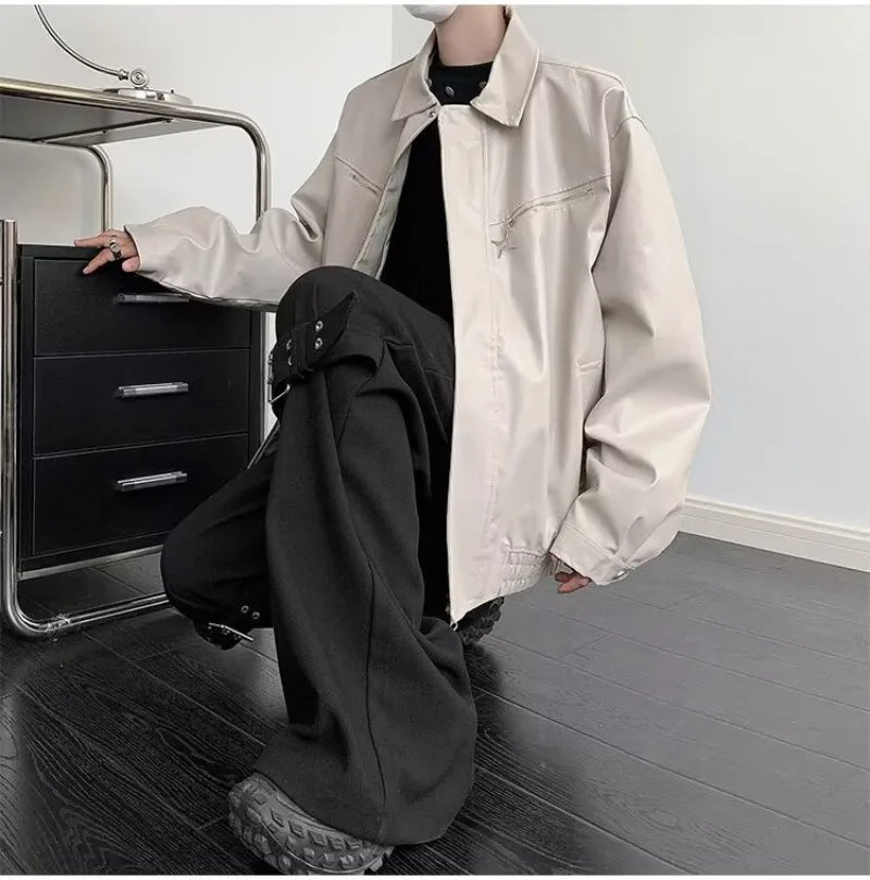 retro motorcycle pu leather jacket mens high street punk zipper decoration loose coats unisex hip hop fashion outwear spring unique default style 2045