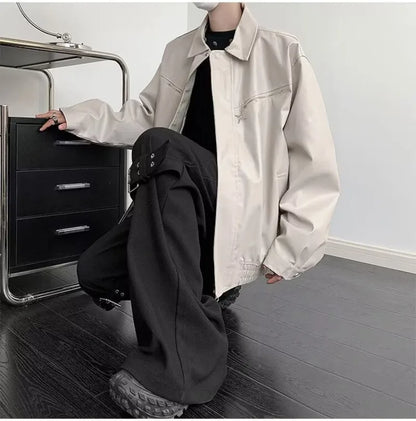 retro motorcycle pu leather jacket mens high street punk zipper decoration loose coats unisex hip hop fashion outwear spring unique default style 2045